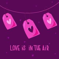 étiquettes d'amour sur un fil avec un coeur pour les cartes postales de la saint valentin. l'amour est dans l'air. vecteur