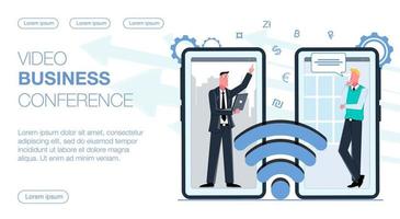deux collègues de travail tiennent une vidéoconférence d'affaires par téléphone via une illustration vectorielle plane wifi vecteur