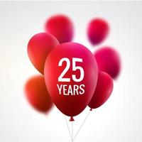 fond coloré de célébration avec des ballons rouges. anniversaire 25e célébration ballons réalistes vecteur