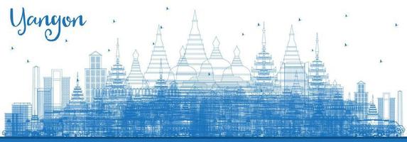 contour de l'horizon de yangon avec des bâtiments bleus. vecteur