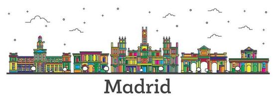 contour madrid espagne city skyline avec des bâtiments de couleur isolés sur blanc. vecteur
