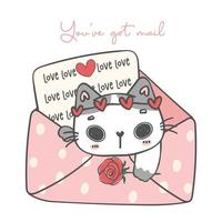 mignon chaton blanc chat amoureux enveloppe rose dessin animé animal doodle main dessin illustration vecteur