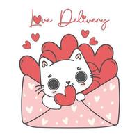 mignon doux saint valentin chaton blanc chat amoureux enveloppe rose avec coeurs rouges dessin animé animal doodle main dessin illustration vecteur