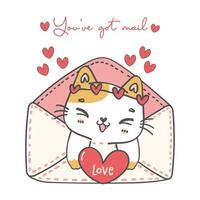 mignon doux valentine calicot chaton chat amoureux enveloppe avec coeur rouge dessin animé animal doodle main dessin illustration vecteur