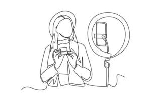 une seule ligne dessinant une belle femme utilise une lampe à led selfie et un smartphone sur un trépied pour faire de la vidéo en ligne. concept de vlogging. illustration vectorielle graphique de conception de dessin en ligne continue. vecteur