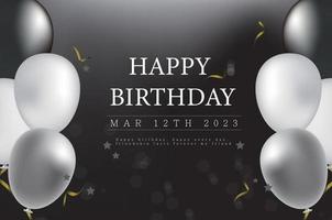 joyeux anniversaire avec des ballons de luxe et des confettis en noir et blanc vecteur