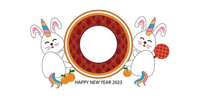 vecteur de dessin animé mignon lapin licorne dessiné à la main. carte de voeux joyeux nouvel an chinois.