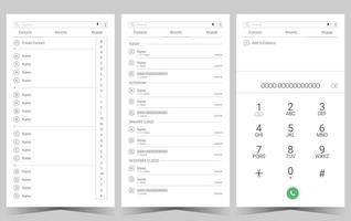 contacts d'écran d'application, récents, kit d'interface utilisateur de conception de clavier. vecteur