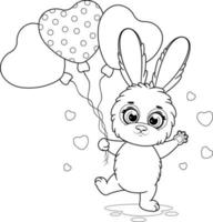 coloriage. dessin animé mignon et lapin romantique avec des ballons vecteur