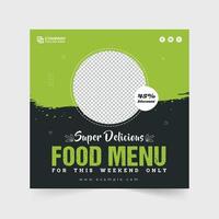 conception de modèle de publication de médias sociaux de réduction de week-end de menu alimentaire avec des couleurs vertes et foncées. conception d'affiche promotionnelle de menu de nourriture de restaurant pour le marketing. modèle de cuisine culinaire pour les restaurants. vecteur