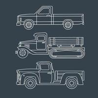 ensemble de camions vintage. dessin linéaire sur fond sombre. plan. illustration vectorielle vecteur