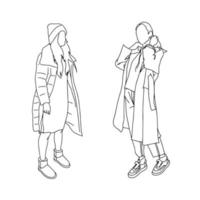 deux filles en vêtements d'automne. style linéaire. illustration vectorielle. vecteur