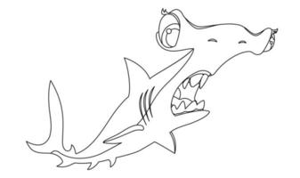 dessin animé effrayant requin marteau dans un style linéaire pour la coloration des enfants. illustration vectorielle vecteur