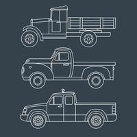 ensemble de camions vintage. dessin linéaire sur fond sombre. illustration vectorielle vecteur