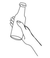 main tenant une bouteille de bière. artisanat boire de l'alcool dans un style linéaire simple pour le concept de bar et de pub pour le menu. équipement de la fête de la bière. dessin continu d'une ligne de verre à bière avec de la mousse. vecteur