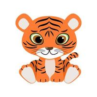 bébé tigre mignon sur fond blanc. illustration vectorielle d'animal sauvage dans un style plat de dessin animé enfantin. vecteur