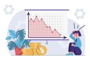 plantage dans les performances. femme d'affaires désespérée à cause de la baisse des chiffres sur le graphique. vecteur