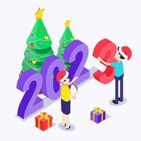 Noël. nouvelle année. isométrique. les gens en chapeaux du nouvel an mettent un signe 2023 près de l'arbre de noël avec des cadeaux vecteur