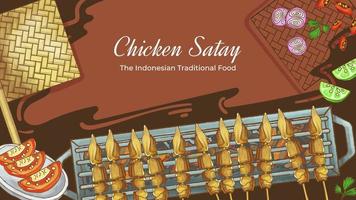 satay de poulet dessiné à la main le fond de la cuisine traditionnelle indonésienne vecteur