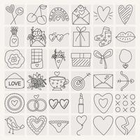 ensemble d'icônes, éléments pour la saint-valentin, déclarations d'amour et griffonnages de mariage. coeurs, cerise, cadeau, chocolat. ligne noire. vecteur