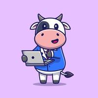 vache mignonne travaillant sur l'illustration d'icône de vecteur de dessin animé d'ordinateur portable. concept d'icône de technologie animale isolé vecteur premium. style de dessin animé plat