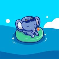 éléphant mignon flottant avec illustration d'icône de vecteur de dessin animé de pneus de natation. concept d'icône animale isolé vecteur premium. style de dessin animé plat