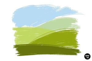 crayon de cire naïf dessiné à la main collines de prairie d'herbe avec ciel bleu. bannière de fond de craie pastel de vecteur. toile de fond colorée de paysage horizontal. vecteur
