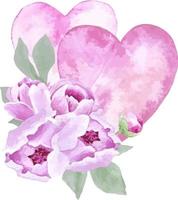 amour salutation cadre rose coeurs et fleurs pivoines illustration aquarelle saint valentin vecteur