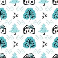 modèle sans couture d'hiver avec de jolies petites maisons et des arbres enneigés vecteur