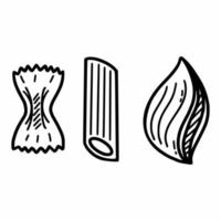 pâtes italiennes de différentes formes. ensemble d'éléments. illustration vectorielle de griffonnage. croquis dessiné à la main. nourriture. macaroni vecteur