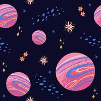 motif d'espace coloré dessiné à la main avec des planètes et des étoiles roses vecteur