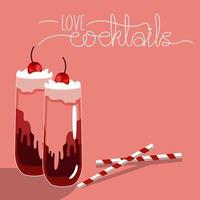 deux cocktails à la cerise pour la saint valentin. un verre en verre avec une cerise. une illustration pour une fête sur un fond abstrait. illustration vectorielle. adapté à l'impression de bannières vecteur