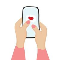 mains de femme saint valentin tenant un smartphone avec un coeur rouge. application et site Web de relations ou de rencontres. vecteur