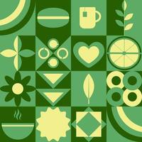 arrière-plan d'icônes dans un style bauhas géométrique plat. signes abstraits. thé, une tasse de thé, citron, soleil. l'heure du thé. illustration vectorielle. vecteur