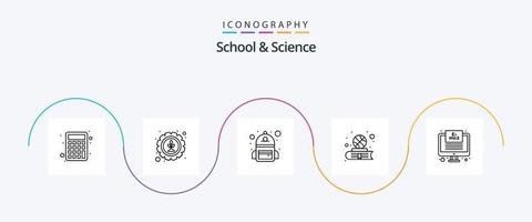 pack d'icônes de la ligne 5 de l'école et de la science, y compris l'étude en ligne. sport. sac. étudier. livre vecteur
