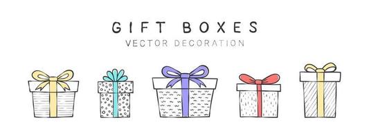 coffrets cadeaux avec des rubans. coffrets cadeaux dessinés à la main avec différentes textures. éléments de décor de dessins. illustration vectorielle vecteur