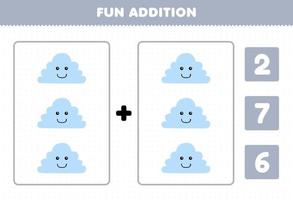 jeu éducatif pour les enfants addition amusante par comptage et choisissez la bonne réponse de la feuille de travail nature imprimable nuage de dessin animé mignon vecteur