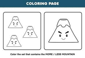 jeu d'éducation pour les enfants coloriage plus ou moins image de dessin animé mignon montagne dessin au trait ensemble feuille de travail nature imprimable vecteur