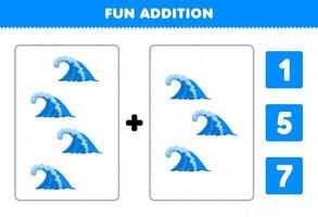 jeu éducatif pour les enfants addition amusante par comptage et choisissez la bonne réponse de la feuille de travail de la nature imprimable de vague de dessin animé mignon vecteur