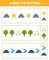 jeu éducatif pour les enfants devinez le motif chaque rangée de dessin animé mignon soleil nuage arbre rivière de montagne feuille de travail nature imprimable vecteur