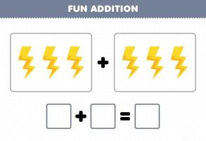 jeu éducatif pour les enfants ajout amusant en comptant des images de tonnerre de dessin animé mignon feuille de travail imprimable sur la nature vecteur