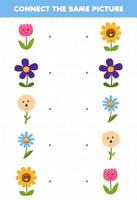 jeu éducatif pour les enfants connecter la même image de feuille de travail nature imprimable fleur de dessin animé vecteur