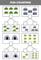 jeu éducatif pour les enfants amusement comptage image dans chaque boîte de dessin animé mignon buisson pierre grotte herbe imprimable nature feuille de travail vecteur