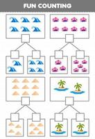 jeu éducatif pour les enfants amusant compter l'image dans chaque boîte de dessin animé mignon île de sable de corail feuille de travail imprimable sur la nature vecteur