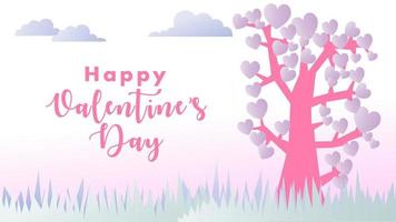 joli fond de concept de la saint-valentin. bannière de vente d'amour ou carte de voeux. douce vue sur le paysage. arbre d'amour avec forme de feuilles de coeur violet illustré. anniversaire, carte d'invitation d'anniversaire. vecteur