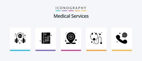 pack d'icônes glyphe 5 des services médicaux, y compris les urgences. appel. hôpital. stéthoscope. guérir. conception d'icônes créatives vecteur