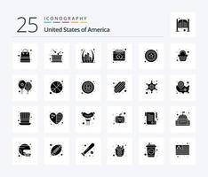 pack d'icônes de glyphes solides usa 25, y compris le jour. calendrier. indépendance. américain. point de repère vecteur