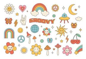 ensemble hippie groovy des années 70. fleur de dessin animé drôle, arc-en-ciel, paix, amour, coeur, marguerite, champignon, etc. pack d'autocollants dans un style de dessin animé psychédélique rétro à la mode. vecteur