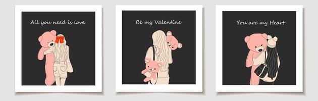 ensemble de cartes de la saint-valentin jolies femmes étreignent une poupée géante d'ours en peluche. illustration de fille de mode .love, saint valentin. vecteur
