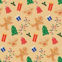 motif de noël sans couture avec biscuits au pain d'épice, arbre, cadeaux, guirlande de cloches vecteur